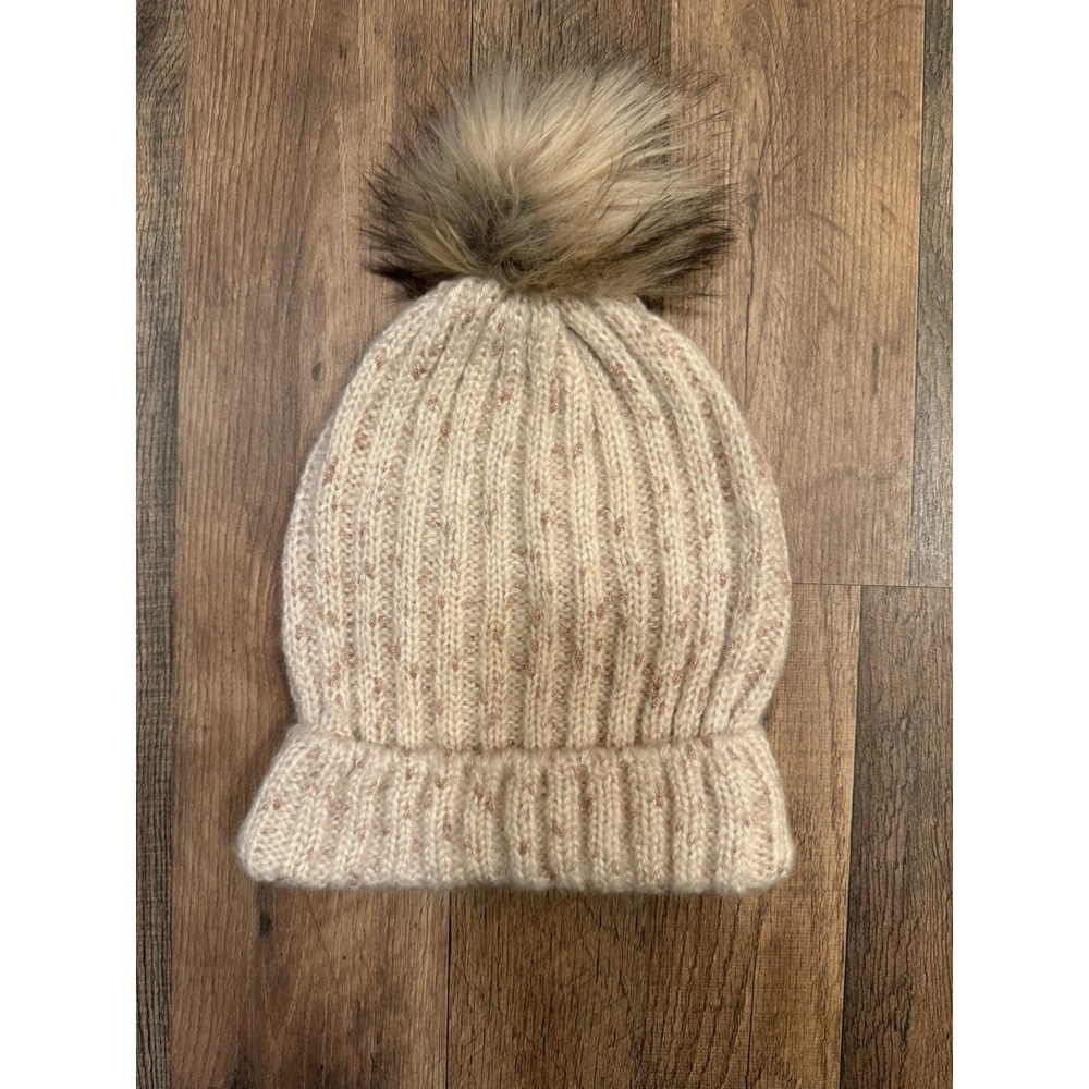 Betsey‎ Johnson tan knit hat Pompom top Stretchy Faux Fur